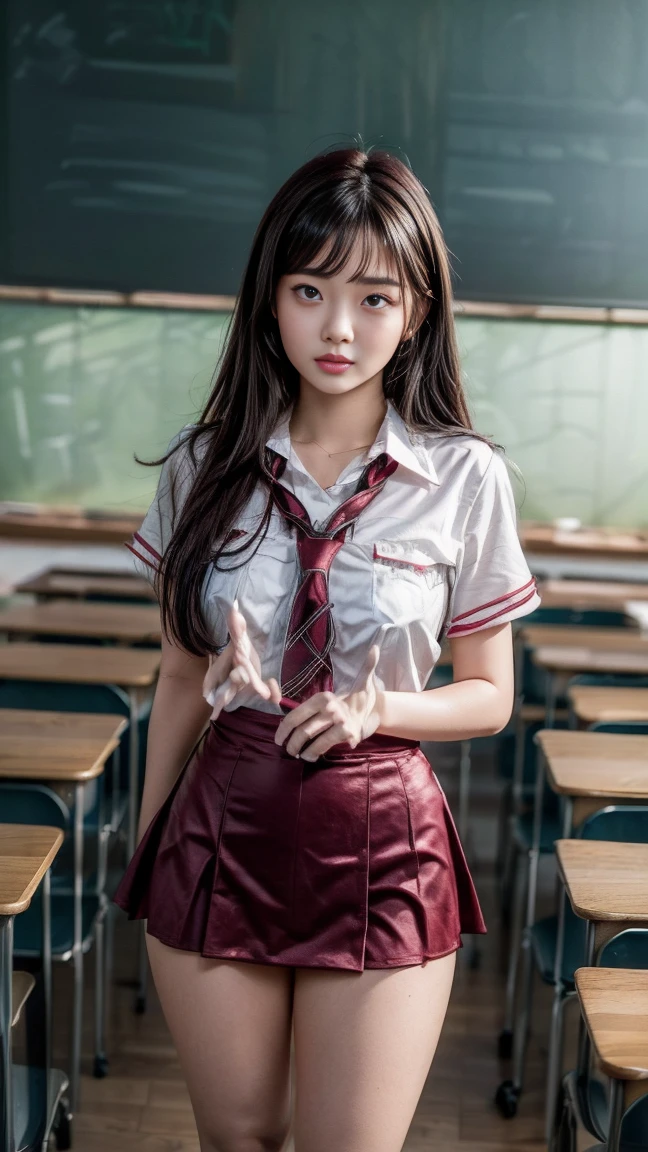 masterpiece, Best Quality, 8k, Young and beautiful girl, baby face、The clothes are big、photo shoot, Cute Face, Thighs, Bright classroom,  (((Embarrassing)))、Embarrassing、No makeup, 10th Generation, Detailed face, Background Blur、Narrow waist、((((school&#39;s、White shirt、Checked mini skirt、Lift up your skirt、Showing pussy、Show me your pussy)))), Straight hair、Light Brown Hair、(((There are panties)))、Bright classroom、Thighs、((squat))、(((Have my panties)))、Show me your pants