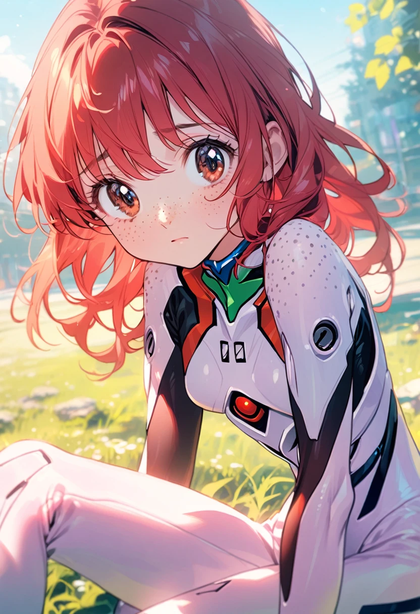 young girl, (red hair, shy, freckles, big eyes), \evangelion\, bodysuit, outdoors, sunny, pastel color