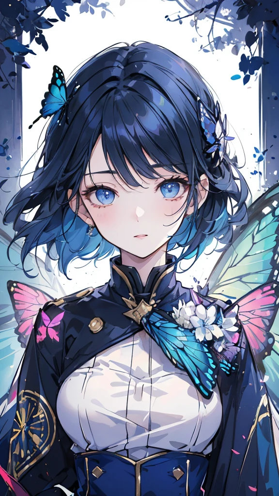 1girl, blue military uniform, butterfly hair accessories, short dark blue hair, colorful eyes, detailed facial features, realistic, photorealistic, ultra-detailed, 8k, best quality, masterpiece, cinematic lighting, dramatic lighting, vibrant colors, ethereal, fantasy, surreal