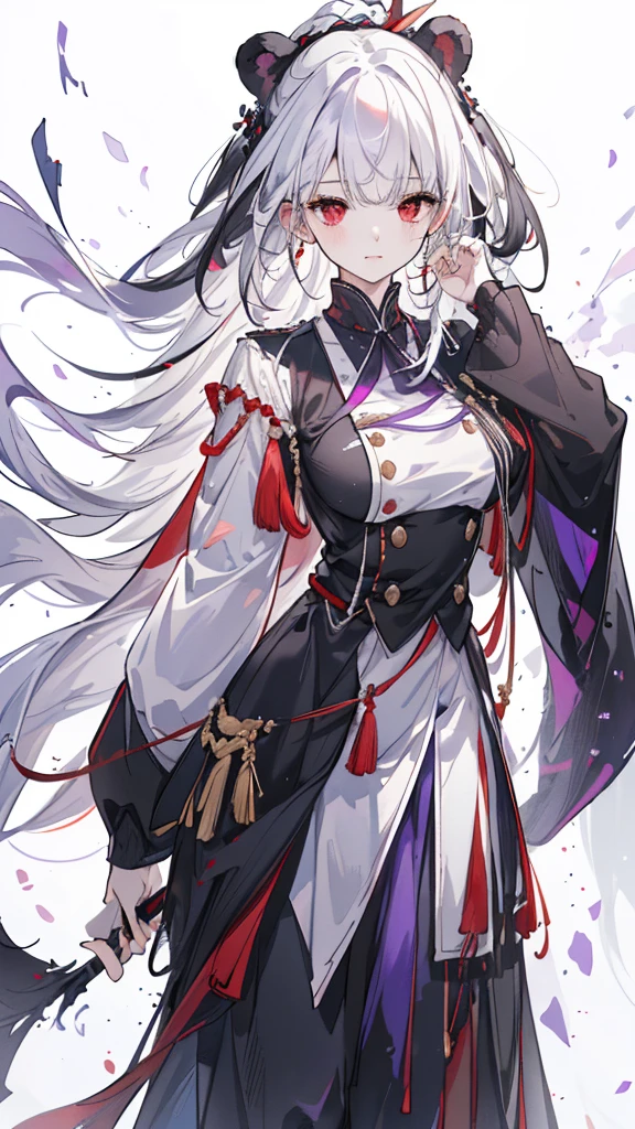 (black bear,two-tone hair,half white hair,half black hair,white V in the middle of hair,red eyes,slim figure,black military uniform,purple shawl,white collar,purple,best quality,4k,8k,highres,masterpiece:1.2,ultra-detailed,realistic,photorealistic,photo-realistic:1.37,HDR,UHD,studio lighting,ultra-fine painting,sharp focus,physically-based rendering,extreme detail description,professional,vivid colors,bokeh)