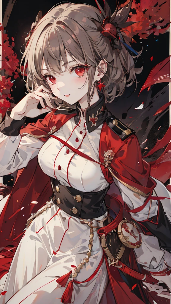 Brown gray short hair，Red eyes，white military uniform，red decoration，vampire