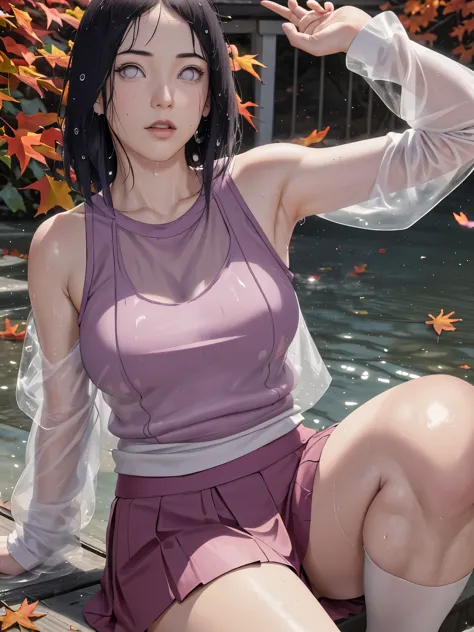 armpit show,wet,see-through clothing,autumn leaves background,masterpiece, confused, hinata\(bolt\), 1 girl, alone,mature woman,...