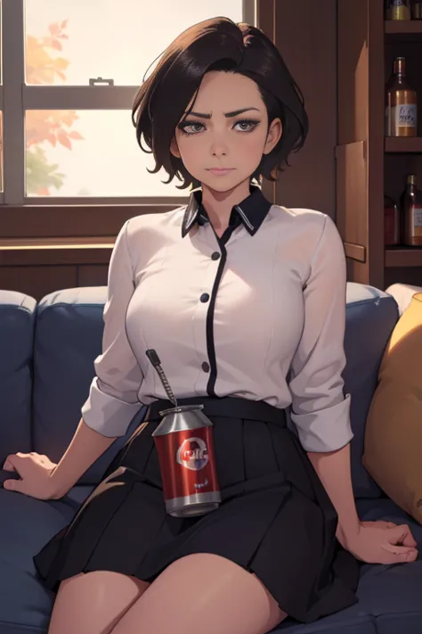 1girl, career woman in her 24s, short permed hair, navy skirt, tired expression, taking a canned beer from fridge, holding beer ...