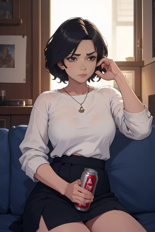 1girl, career woman in her 24s, short permed hair, navy skirt, tired expression, taking a canned beer from fridge, holding beer can in right hand, sitting on black sofa with legs spread 140 degrees, arms on sofa back, angry facial expression, (best quality,4k,8k,highres,masterpiece:1.2),ultra-detailed,(realistic,photorealistic,photo-realistic:1.37),highly detailed portrait, dramatic lighting, cinematic mood, muted color palette, oil painting style