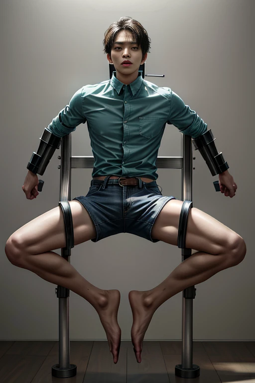 (realistic, photo-realistic), (masterpiece, best quality), high resolution, intricate details, extremely detailed, full body, solo,a Japanese mature, ((shirt, shorts)), spread legs, outreached arms, bdsm frame, metal frame, bondage, suspended, stationary restraints, restrained, wrist cuffs, photo background, indoors, torture chamber,