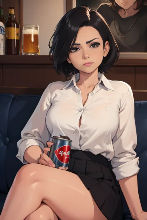 1girl, career woman in her 30s, short permed hair, navy skirt, tired expression, taking a canned beer from fridge, holding beer ...