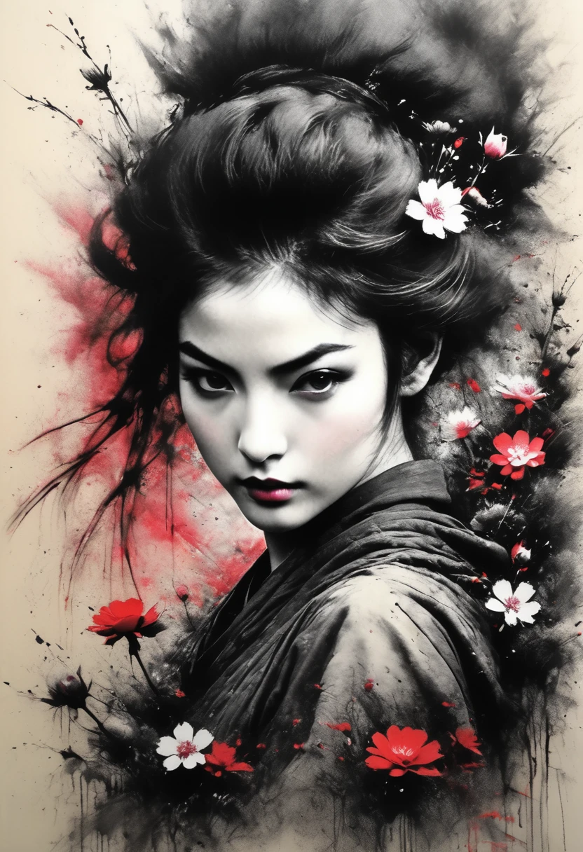 charcoal drawing, pencil draw, line drawing, graphite drawing, toned paper, work of art, bicolor, paint splashes, samirai girl, rosa sakura\(flowers\), Red blood, Japanese ink, Splash, intricate details, volumetric lighting, Cinematic, detailed, <xml><input>realistic</input></xml>. Art by Antonio Mora, André Cohn, Arthur Bordalo, Bob Ringwood, Bento Ban,