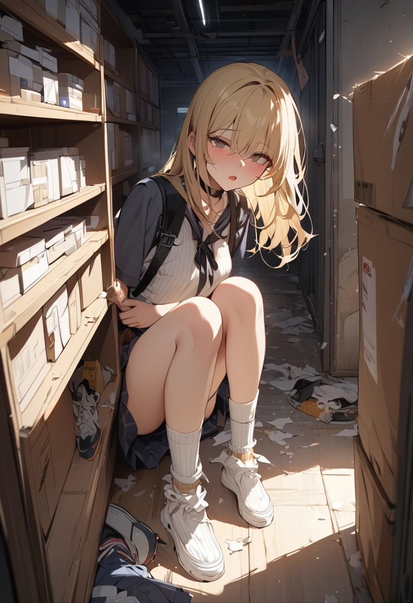 NSFW,Browsing Caution. (masterpiece, Highest quality, so beautiful, Very detailed), Intricate details, blonde, Black choker, Browsing Caution,Japanese schoolgirl.White ribbed ankle socks。Kidnapped, raped and abandoned in a warehouse.I can&#39;t go home in an unfamiliar place.despair.Wet pussy.