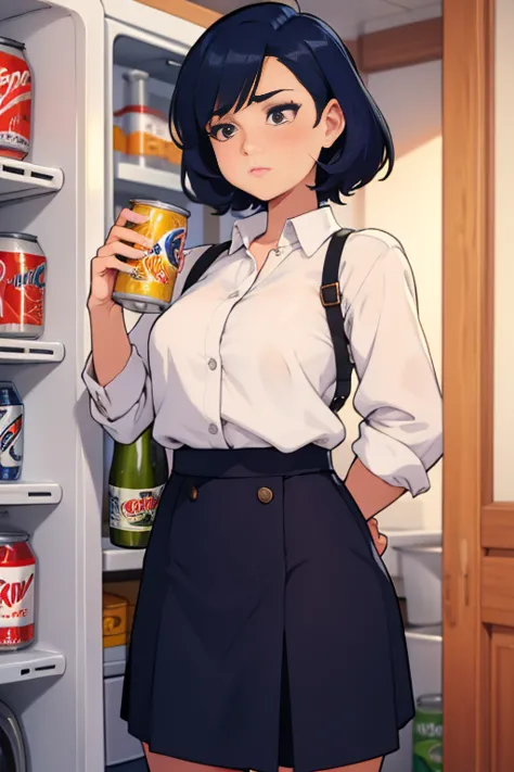 1girl, career woman in her 38s, short permed hair, navy skirt, tired expression, taking a canned beer from fridge,