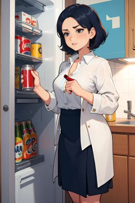 1girl, career woman in her 38s, short permed hair, navy skirt, tired expression, taking a canned beer from fridge,