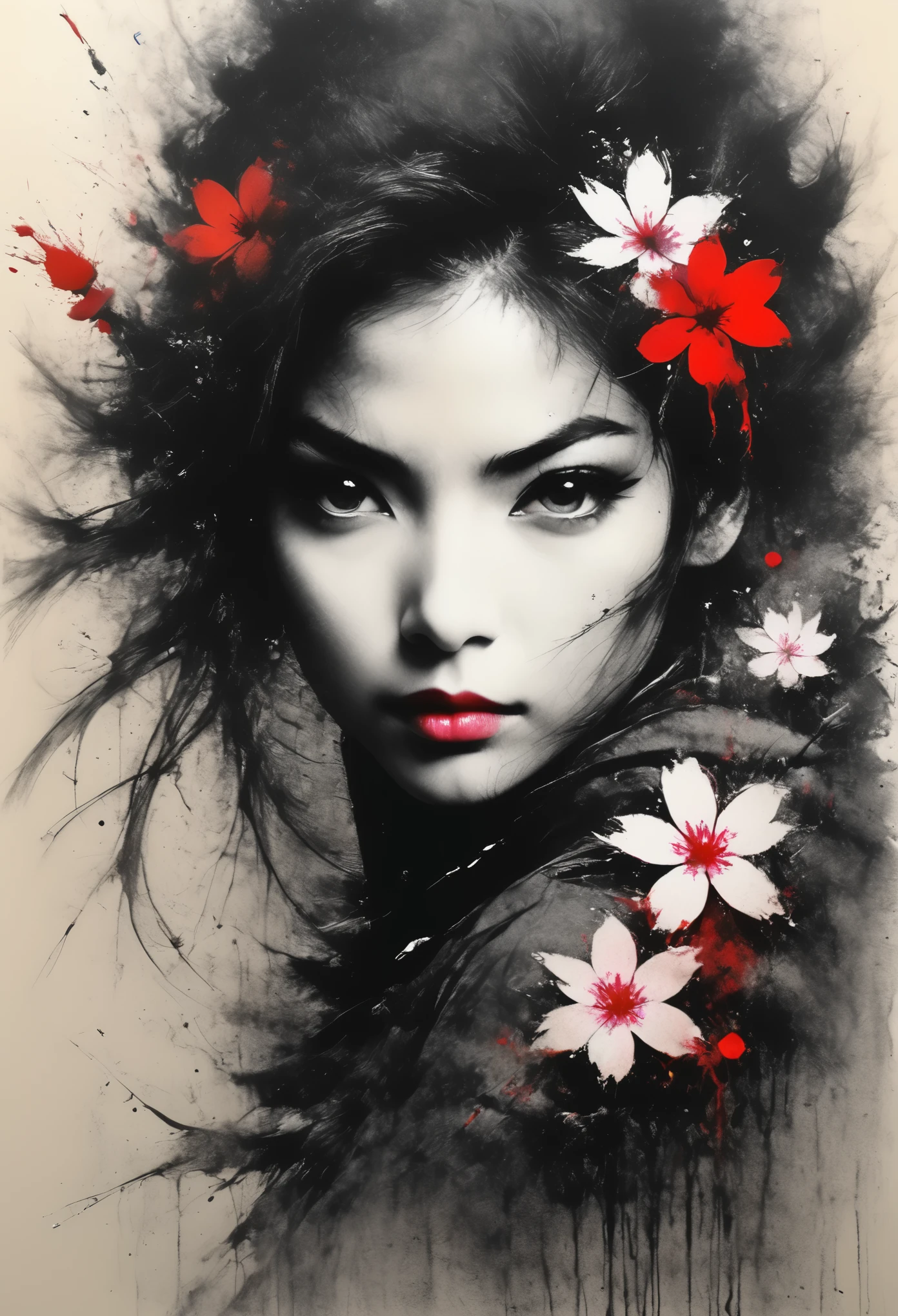 charcoal drawing, pencil draw, line drawing, graphite drawing, toned paper, work of art, bicolor, paint splashes, samirai girl, rosa sakura\(flowers\), Red blood, Japanese ink, Splash, intricate details, volumetric lighting, Cinematic, detailed, <xml><input>realistic</input></xml>. Art by Antonio Mora, André Cohn, Arthur Bordalo, Bob Ringwood, Bento Ban,