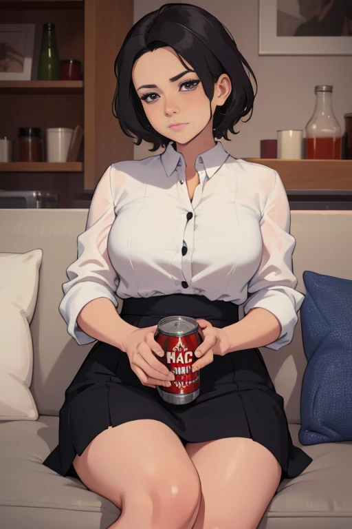 1girl, career woman in her 30s, short permed hair, navy skirt, tired expression, taking a canned beer from fridge, holding beer can in right hand, sitting on black sofa with legs spread 140 degrees, arms on sofa back, angry facial expression, (best quality,4k,8k,highres,masterpiece:1.2),ultra-detailed,(realistic,photorealistic,photo-realistic:1.37),highly detailed portrait, dramatic lighting, cinematic mood, muted color palette, oil painting style,