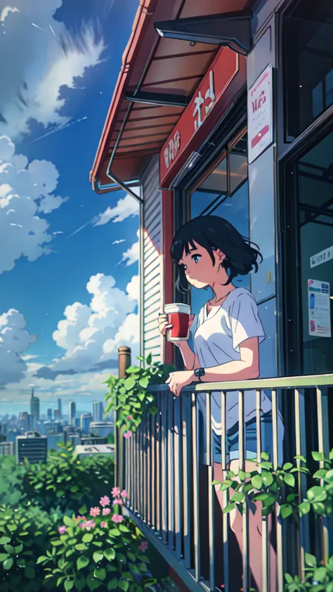 a girl standing on a balcony with a cup of coffee, cgsociety 9, chillhop, alena aenami and artgerm, makoto shinkai and artgerm, ...