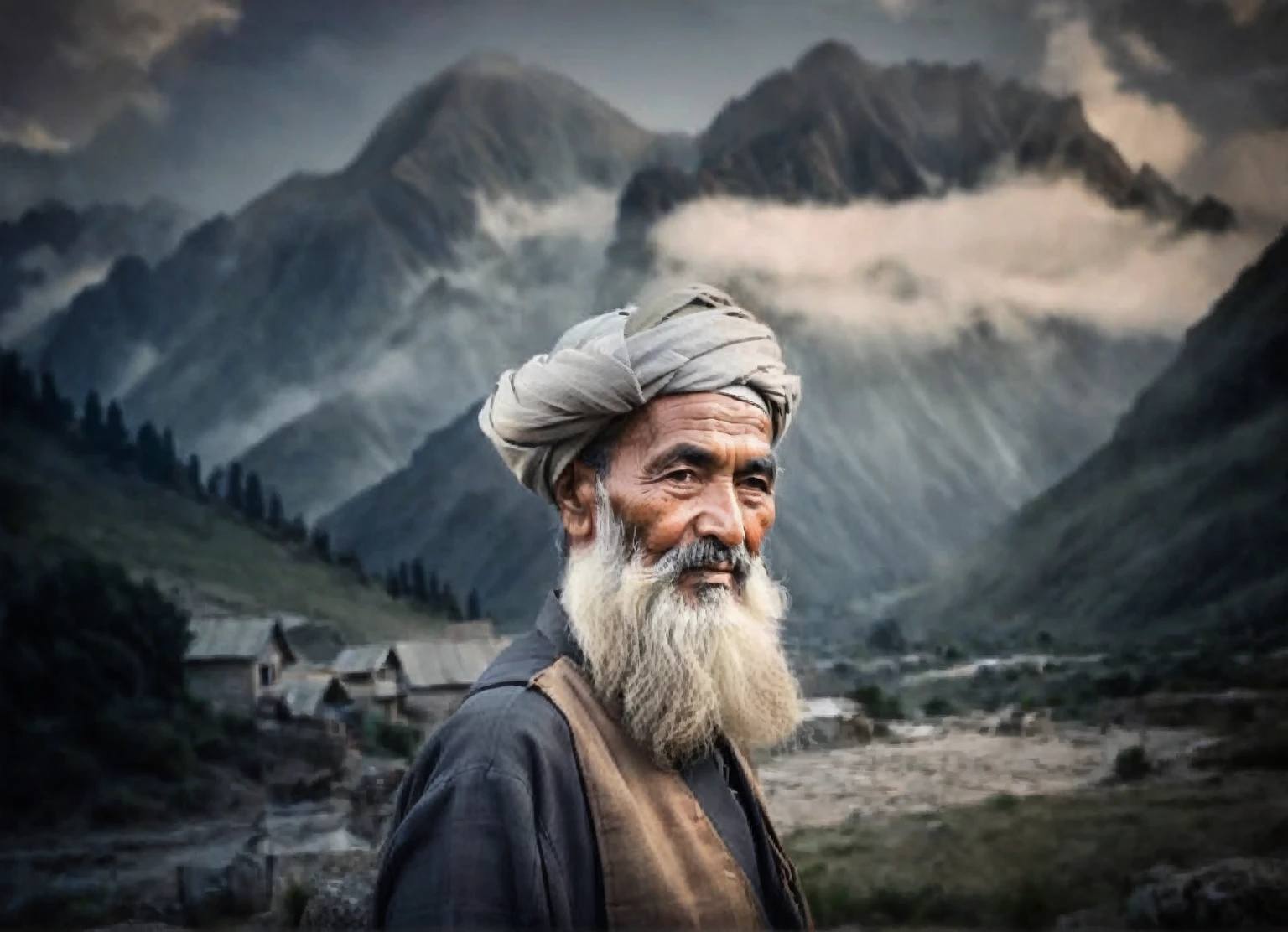 With a long beard、Arawid man wearing a turban stands in front of the mountains, wise elder, an elder, of an elder, By Muggur, elder portrait, an 80 year elder, portrait photo of an elder, Perfectly centered portrait, Very beautiful portrait, author：Abdullah Al Gulguli, elder