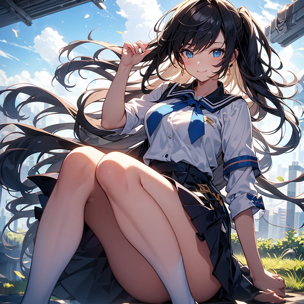 Best Quality,Best image quality,Perfect Anatomy,masterpiece,Very detailedな,beautiful,super high quality, Best Quality,High resolution, Very detailed,Game CG,Dutch Angle ,Beautiful attention to detail,Visual Arts,Five fingers, Perfect hands,Hide your hands, {{{One Girl}}}, Beautiful detailed girls, Game CG, Spring flower,masterpieceアニメ，Best Quality, Very detailedな顔，Power Pro, sugami, {{{One Girl}}}, Black Sailor Suit, {{{{{Green long wavy hair}}}}}, Dark hair tip color, Blue Eyes, Female Manager, School grounds, Yellow tie, Sleepy smile, Knee-high portrait, Three-dimensional background, Multiple clouds,