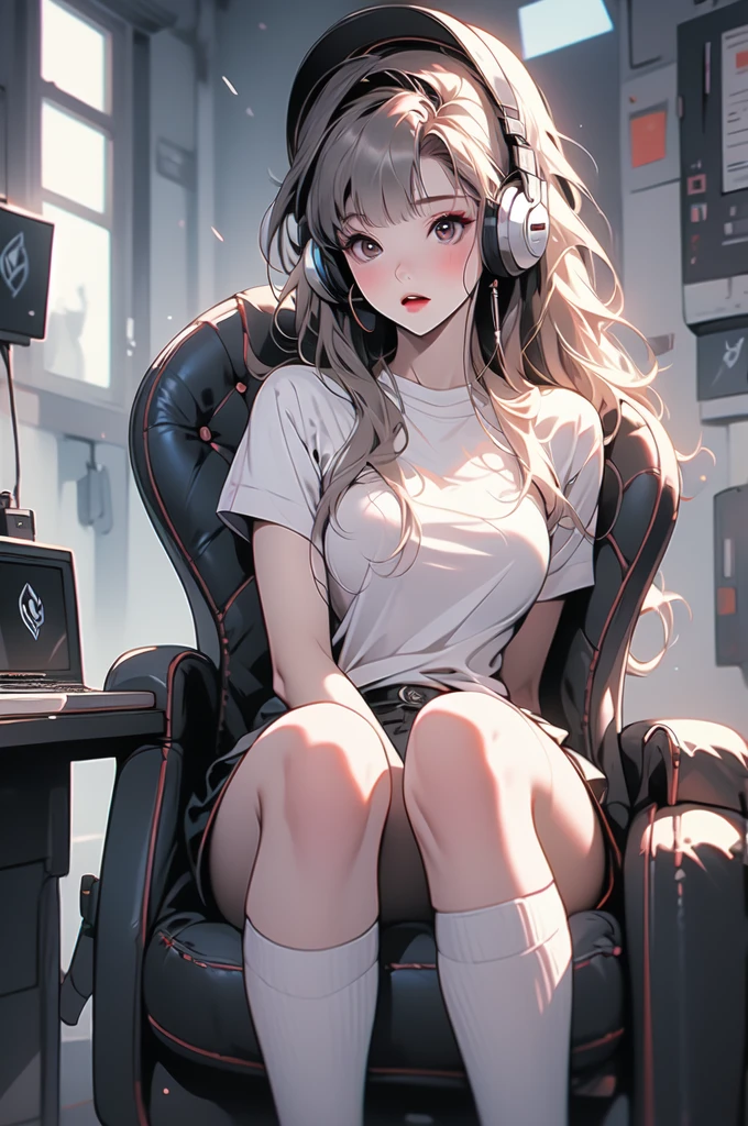 humanmercury, horn, White T-shirt, Knee-high socks, Wearing headphones, gameroomconcept, machine, computer, keyboard, Gaming Chair, RGB lighting, headphones best quality, masterpiece, Ultra-high resolution, Attention to detail,