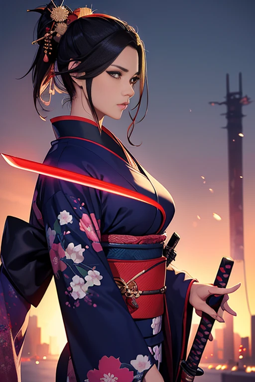 High image quality、High resolution、masterpiece、Wide-angle shot、Modern night neon city、30th Generation、woman、samurai、A kimono that emphasizes the bust、Perfect Style、Japanese sword、Ninja、Center parted hair、Cool appearance、Character portrait, Very detailed, 