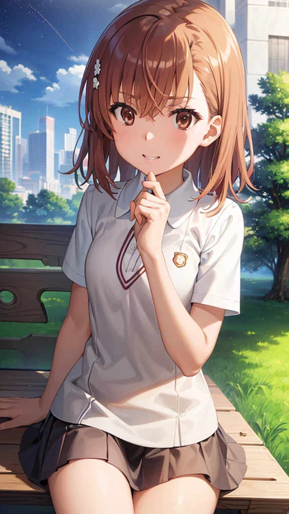 school costume、cute Girl、standing in the park、1girl、High quality High resolution、(misaka mikoto:1.2),happy smile,winq,winter,small breasts,sit on a bench,school uniform,mini skirt,short hair,night sky,park,View of the city,forest,starry sky,masterpiece,best quality,pov,ultra-detailed, illustration,caustics,、Eye Highlights     Her skirt is flipped up and her white underwear is visible、