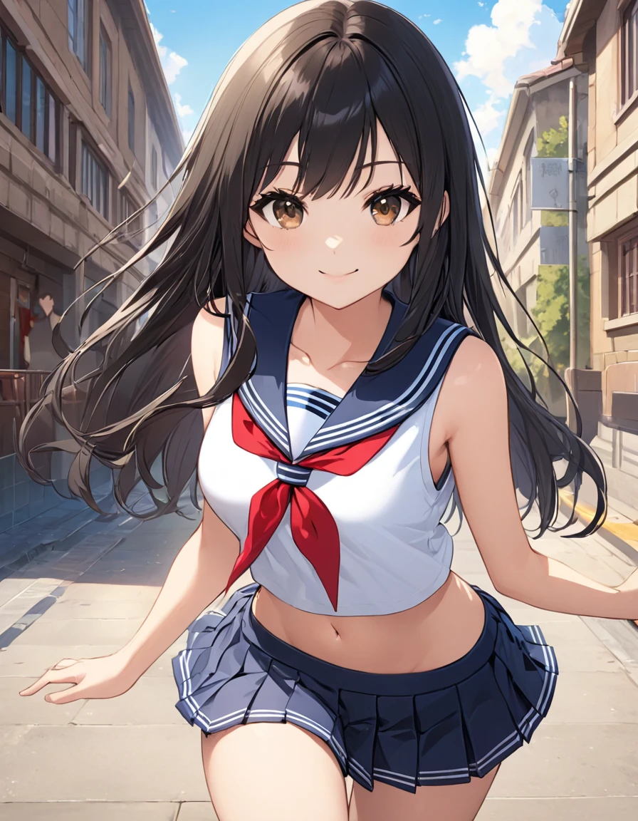 4k, bestquality, detailed, detailed scenery, detailed eyes, 1Girl, cute, adorable, straight hair, long hair, black hair, brown eyes, cleavage, smiling, looking at the camera, daylight, BREAK ((school uniform, serafuku):1.4), (sailor suit collar with (red) big ribbon:1.4), ((No sleeve, sleeveless):1.3), (collarbone:1.4), ((bare shoulders, bare arms):1.3), ((navel, bare stomach):1.2), (pleated mini skirt:1.4), (bare thigh:1.3), (white socks:1.2), (loafers:1.1)