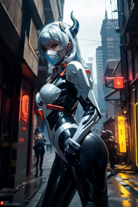 1girl, a beautiful girl cyborg cyberpunk with a cyberpunk city tall buildings, white hair, cybermask, white and orange and black...