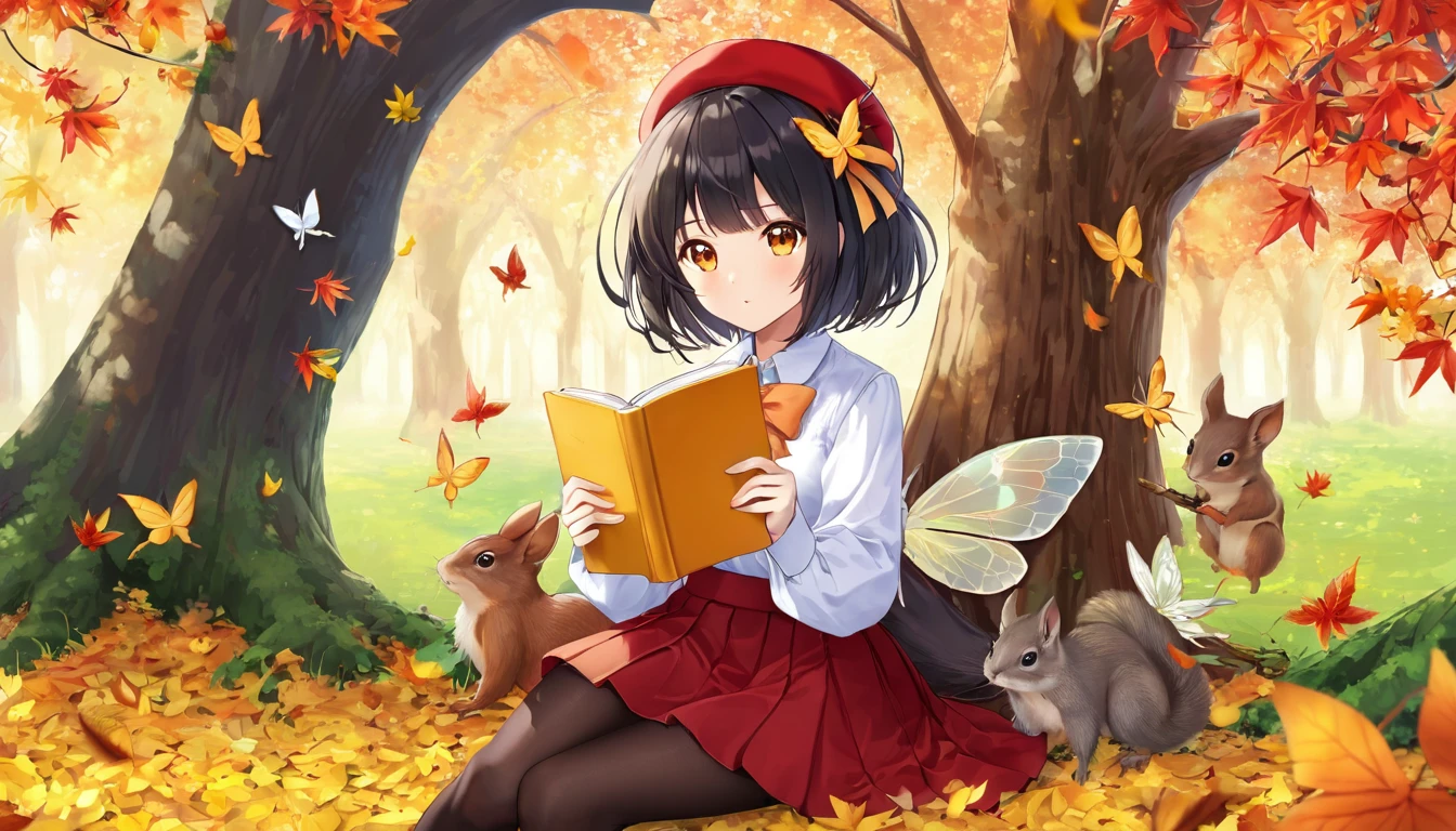 autumn, autumn_leaf, Book, fall<xml><input>in</input></xml>g_leaf, g<xml><input>in</input></xml>kgo_leaf, leaf, Maple_leaf, open_Book, One girl, hold<xml><input>in</input></xml>g_Book, hold<xml><input>in</input></xml>g_leaf, aga<xml><input>in</input></xml>st_tree, hin, leaf_<xml><input>in</input></xml>_w<xml><input>in</input></xml>d, yellow_butterfly, Alone, butterfly, skirt, bug, leaf_On_head, tree, short_hair, shirt, read<xml><input>in</input></xml>g, pantyhose, red_skirt, sitt<xml><input>in</input></xml>g, bird, Check pattern, white_shirt, black_脚装hold<xml><input>in</input></xml>g, leaf_background, Outdoor, beret, ribbOn, orange_flower, dragOnfly, Medium_chest, yellow_null, look<xml><input>in</input></xml>g_in_Viewers, red_headwear, Bookmark, open_Clothes, black_hair, orange_theme, squirrel, Acorns, brown_hair, animal, white_butterfly, On_ground, bow, collared_shirt, Down_tree, lOng_sleeve, feinhers, Day, branch, 前hair