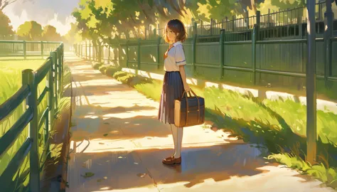 the image portrays a serene outdoor setting, possibly a park or a school grounds. a young girl with short brown hair is standing...