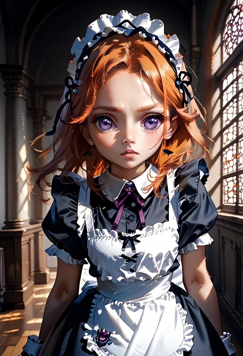 masterpiece, high quality, 1 girl, purple eyes, orange hair,maid headdress, maid,