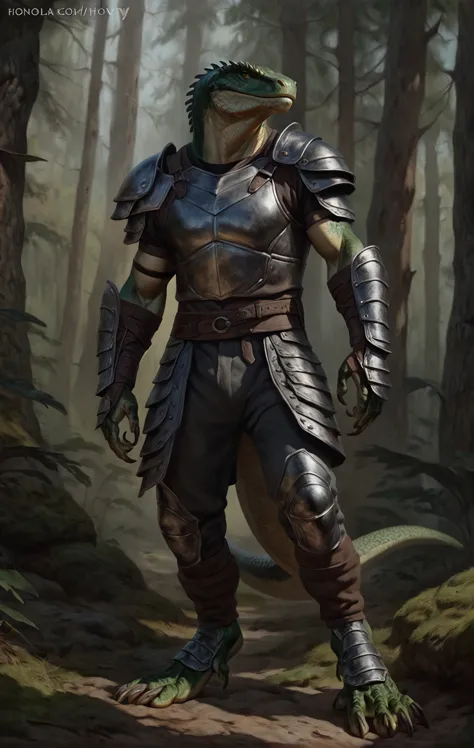 realistic muscular lizardfolk, wearing pants, mercenary, masculine,  plantigrade, dark green body, black belly, armor, forest ba...