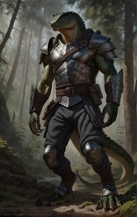 realistic muscular lizardfolk, wearing pants, mercenary, masculine,  plantigrade, dark green body, black belly, armor, forest ba...