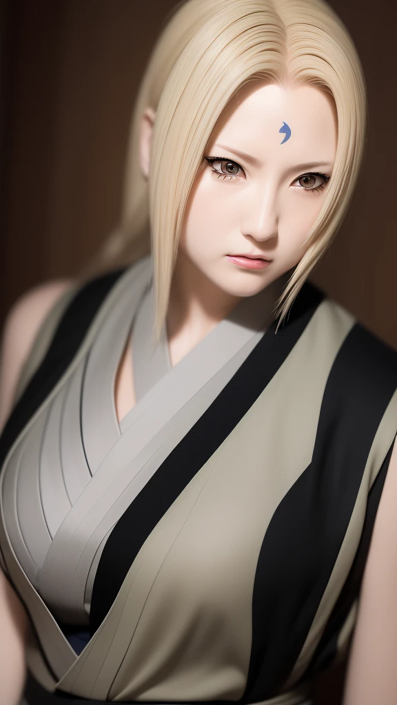 real Life adaption of this character,her name is Tsunade senju from anime naruto ,hyper realistic ,very realistic detailed yellow hair, high resolution, photorealistic,very detailed,very realistic outfit, Japanese face,detailed shining eyes, calm expression,realism,