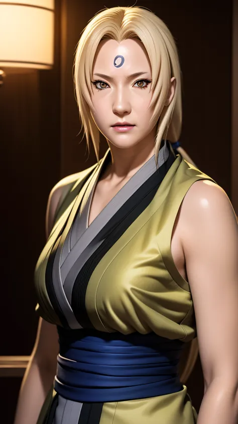 real life adaption of this character,her name is tsunade senju from anime naruto ,hyper realistic ,very realistic detailed yello...