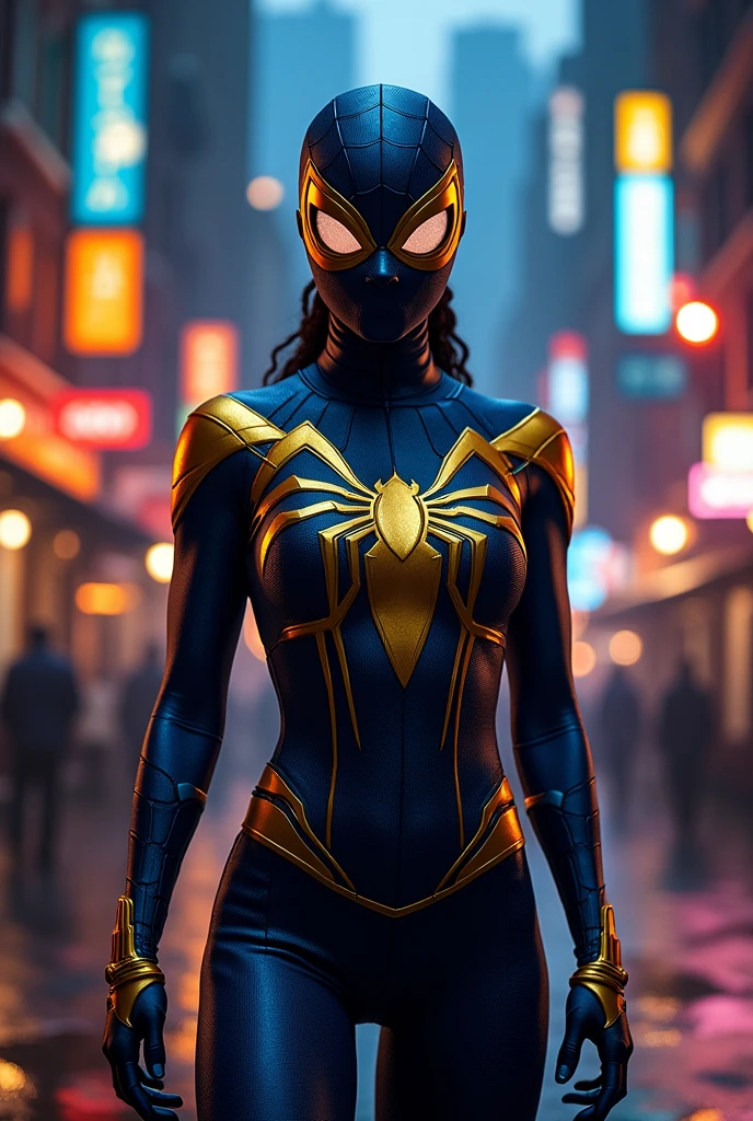 

"Imagine an award-winning masterpiece that depicts an ebony princess woman in a striking midnight blue and gold Spider-Girl suit, complete with a full mask that conceals her identity. She stands confidently in a bustling downtown area, ready to combat crime under the cover of night. The city skyline looms in the background, illuminated by the glow of neon lights and street lamps, creating a dramatic and vibrant atmosphere.

Position her in a dynamic action pose, showcasing her athleticism and determination as she prepares to leap into action. The suit is intricately designed, with shimmering gold accents that catch the light, emphasizing her powerful presence. Her bright eyes, visible through the mask, radiate confidence and resolve, reflecting her commitment to justice.

The urban environment is filled with detailed architecture, shadowy alleyways, and hints of chaos, suggesting the presence of crime lurking nearby. Incorporate elements like distant sirens, flickering lights, and the energy of the city to enhance the sense of urgency and excitement.

Emphasize the intricate details of her suit and the mask, showcasing the craftsmanship and the character's unique style. The overall composition should reflect high-resolution quality, reminiscent of unified 8K wallpaper, focusing on creating a visual narrative that celebrates heroism, strength, and the thrilling adventure of a crime-fighter in action." 


