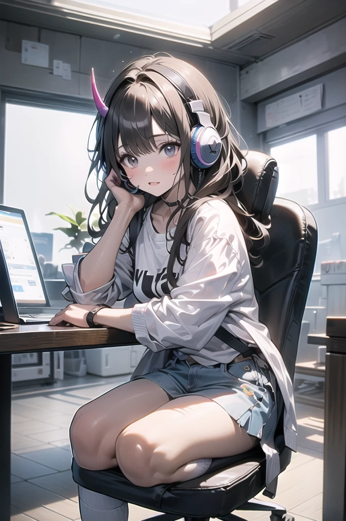 humanmercury, horn, White T-shirt, Knee-high socks, Wearing headphones, gameroomconcept, machine, computer, keyboard, Gaming Chair, RGB lighting, headphones best quality, masterpiece, Ultra-high resolution, Attention to detail,