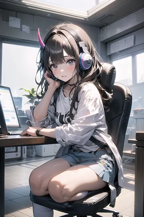 humanmercury, horn, white t-shirt, knee-high socks, wearing headphones, gameroomconcept, machine, computer, keyboard, gaming cha...