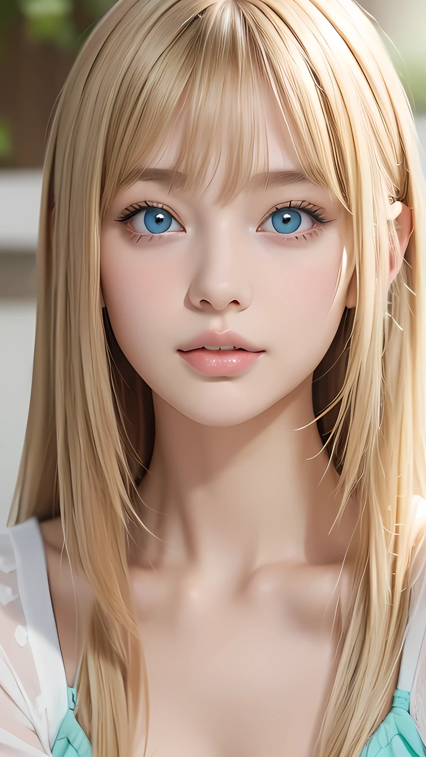 A woman with long blonde hair and very bright mint blue eyes is taking a photo, Gorgeous young model, Portrait of Sophie Mudd, 美しいFemale Model, Cute young woman, Very beautiful young woman, Portrait of a beautiful model, Beautiful young girl, Beautiful young woman, Beautiful Woman Photos, Perfect Face, Female Model, Beautiful and pretty baby face, Blonde beauty、Messy bangs、Bangs between the eyes、Bangs that hang over the face、Small Face Beauty、round face