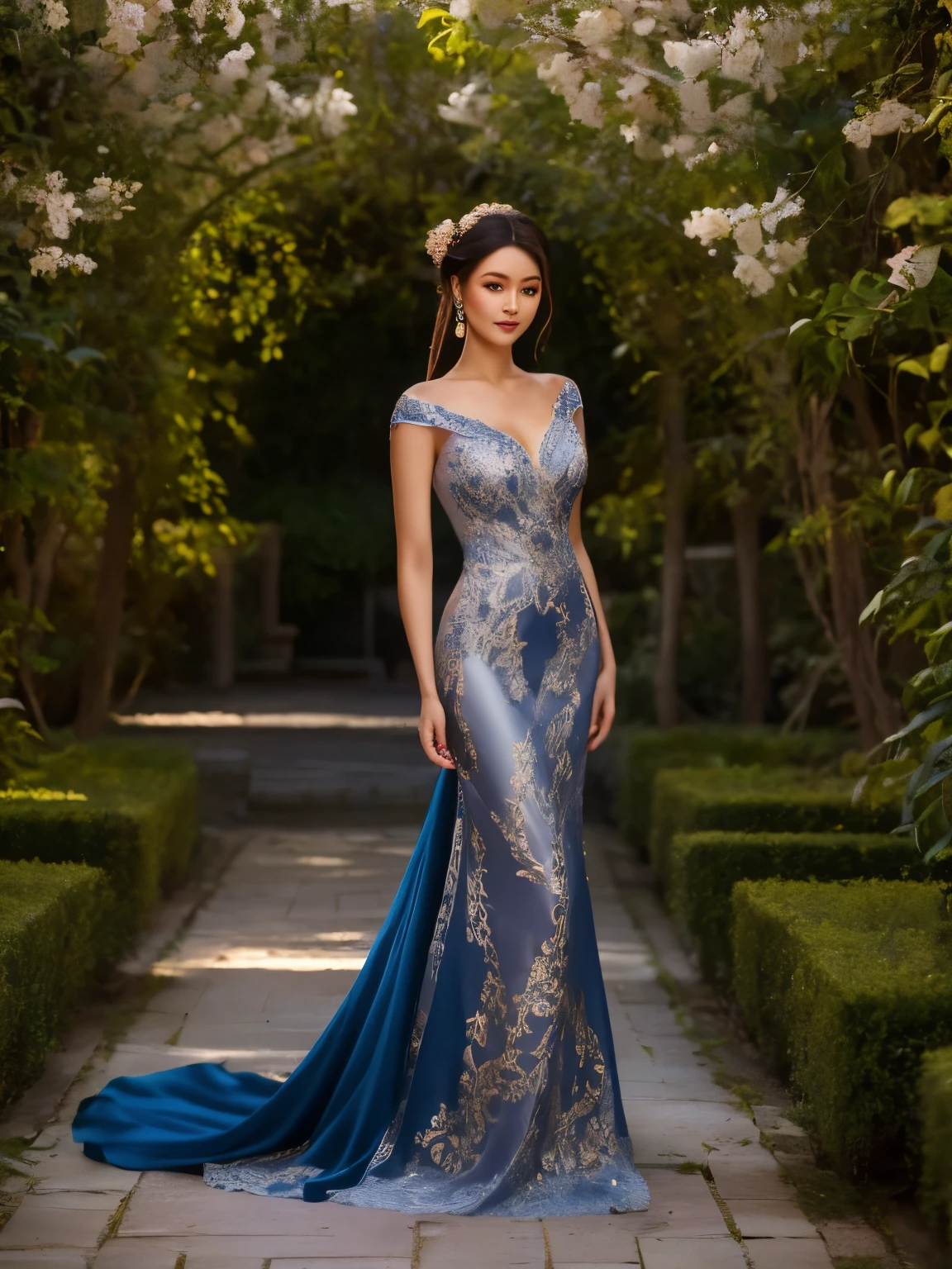 1 woman, age 25, intricate silk Chinese dress with lots of embroidery sheer with several large slits, no underwear, traditional hairstyle and Chinese makeup) wandering through a palace garden
 masterpiece, best quality,Photorealistic, ultra-high resolution, photographic light