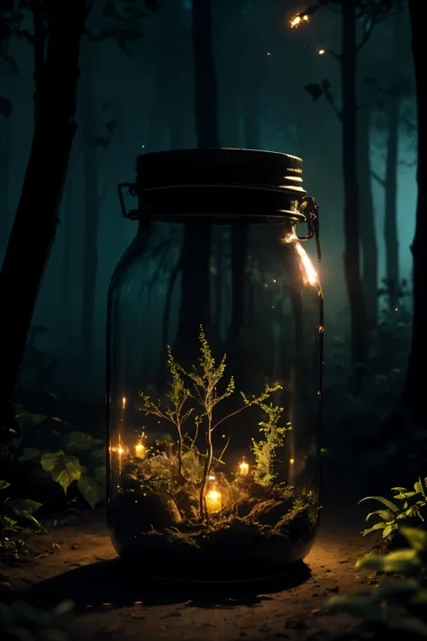 a dimly lit enchanting forest at night, mason jar glowing with ethereal fireflies, mesmerizing otherworldly atmosphere, highly detailed, 8k, dramatic lighting, fantasy, magical, mystical, bokeh, lush foliage, dramatic shadows, cinematic composition, warm color tones