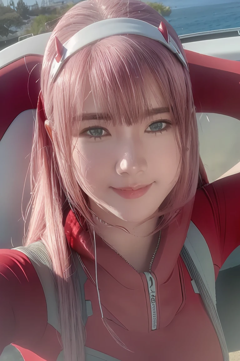 ((best quality)),((highly detailed)),masterpiece,absurdres,detailed face,beautiful face,((detailed eyes, deep eyes)),(1girl),((dynamic pose)),   Zero_Two, green eyes, 1girl, solo, red bodysuit, long hair, pilot suit, pink hair, bodysuit, straight hair, hairband, standing, horns, breasts, bangs, closed mouth, looking at viewer, medium breasts, white hairband, skin tight, blunt bangs, makeup, eyeshadow, very long hair, sidelocks, expressionless, hair between eyes, red horns, shiny hair, towards viewer, smile, 