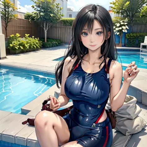 high quality、high image quality、high resolution、masterpiece、black hair、school swimsuit、breast bag、pool