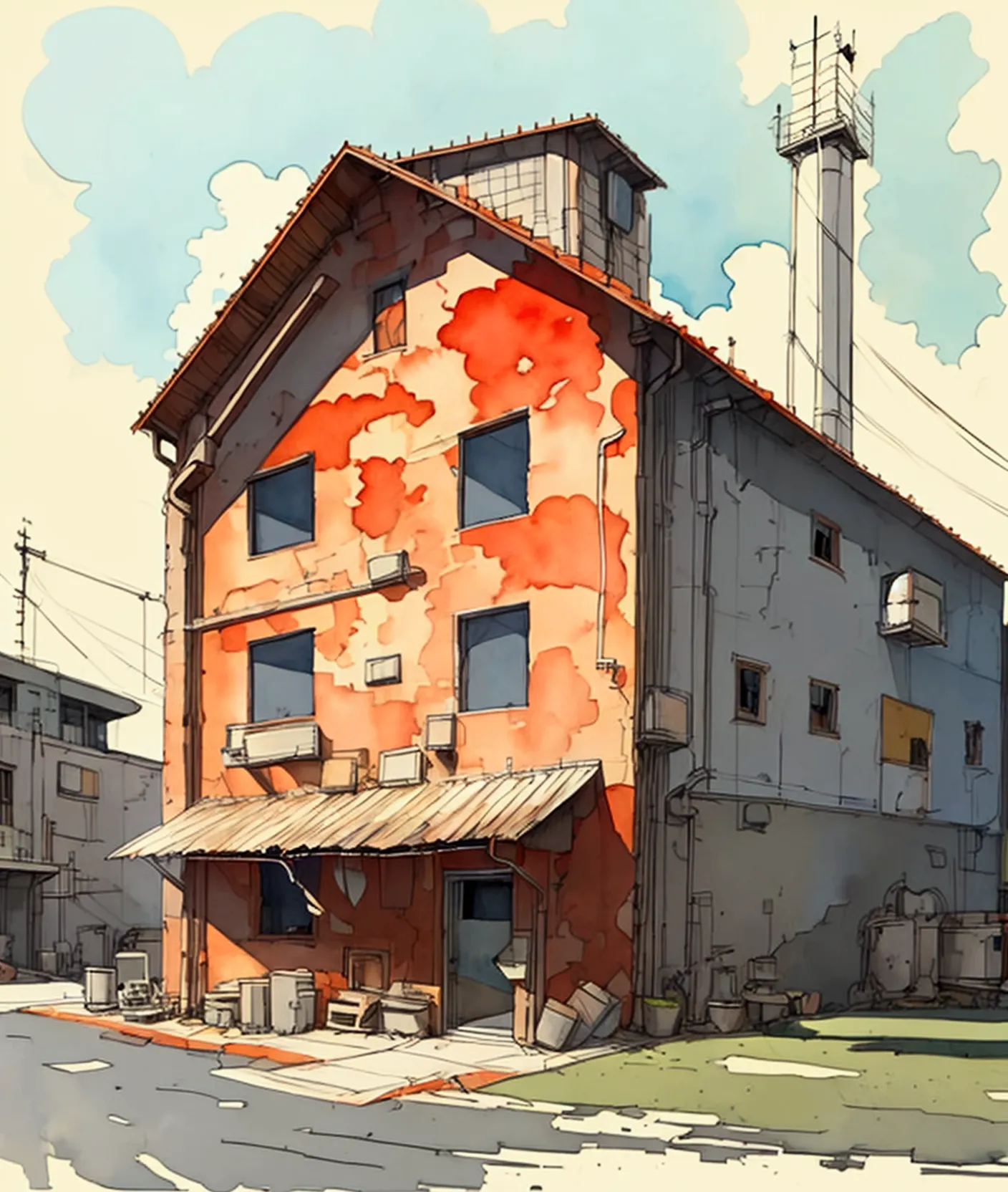 small 4 story factory, unfinished sketch, watercolor on paper, (simple background:1.2)