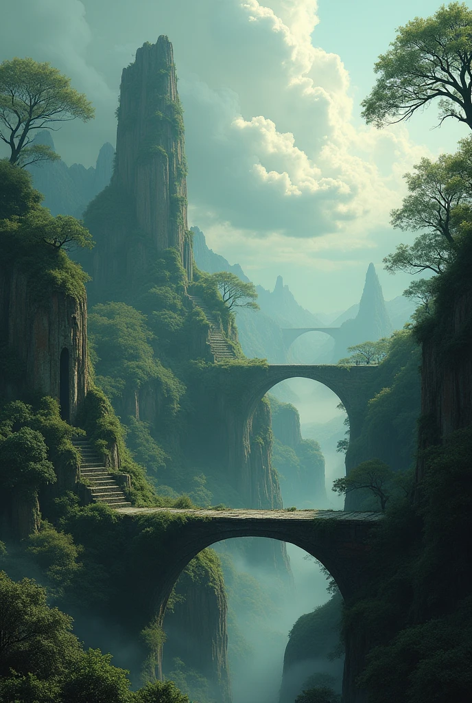 "Imagine an award-winning masterpiece featuring  the ethereal fantasy land you envisioned, blending beauty with a dystopian atmosphere. The scene captures the surreal forest, intricate bridges, and a dramatic sky filled with rolling clouds.