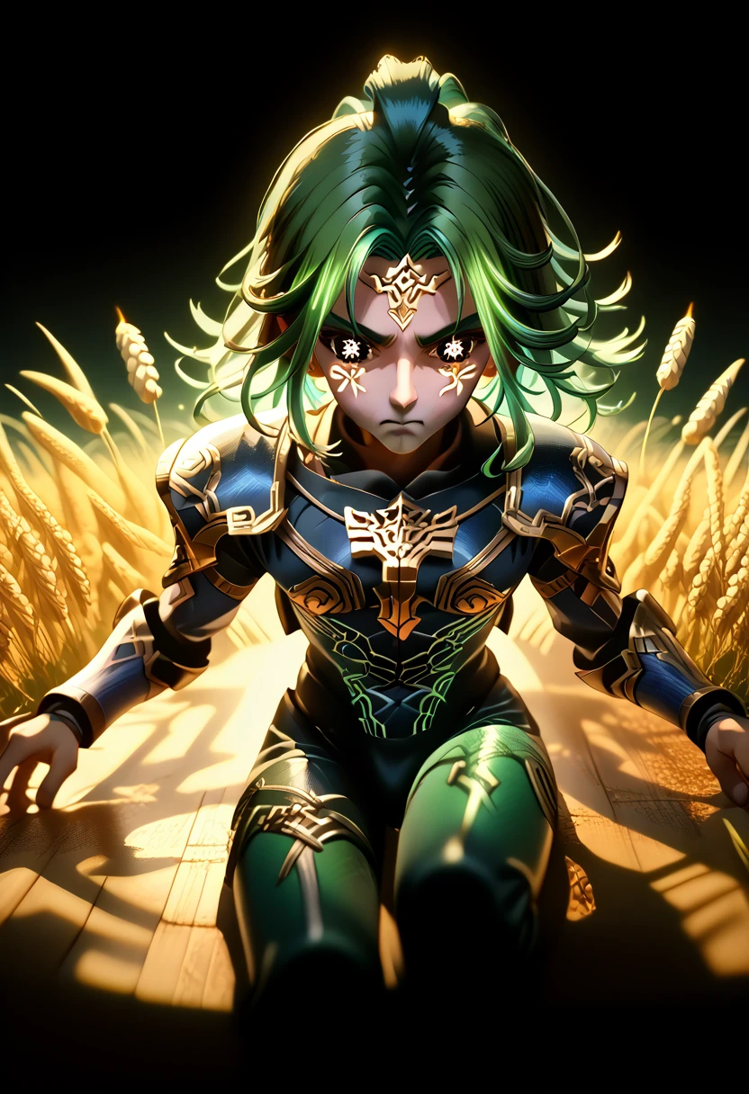 Sakuya, magicpunk style, incredibly absurd, Concept art, high quality, perfect lighting, illustration, vanishing point, sitting, looks at the viewer, зрелый Male персонаж, 1 boy, (No mouth:1.3), Male фокус, Male, green hair, dyed bangs, sparkling eyes, Tedious (fantasy groin and shin guard:1.1), wheat field, detailed background, amazing background