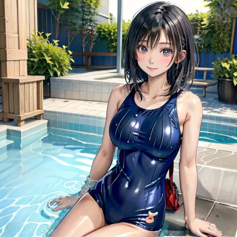 high quality、high image quality、high resolution、masterpiece、black hair、school swimsuit、、get wet、breast bag、pool