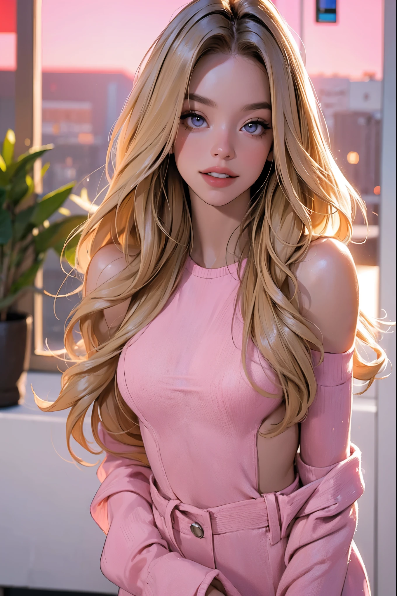 ((((masterpiece, best quality, high resolution)))), Extremely detailed 8K, Beautiful girl with slender body, e-girl, (Ultra HD, Ultra-detailed, Highly detailed, Highly realistic, Ultra-realistic, photograph realistic), (1girl:1.5), (Realistic blonde hair with dark roots), wavy hair,,(dark makeup, pink eyeshadow), facing at camera, light smile,  , coy grin, slender body,  (cyberpunk), sydney sweeney, naked wearing  fishnets, slim
