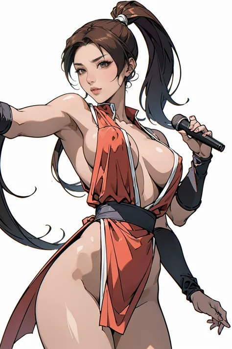 beautiful asian woman with black eyes,,mai shiranui,lips ,black hair,(holding a microphone),((in white background)),((skinny)),(...