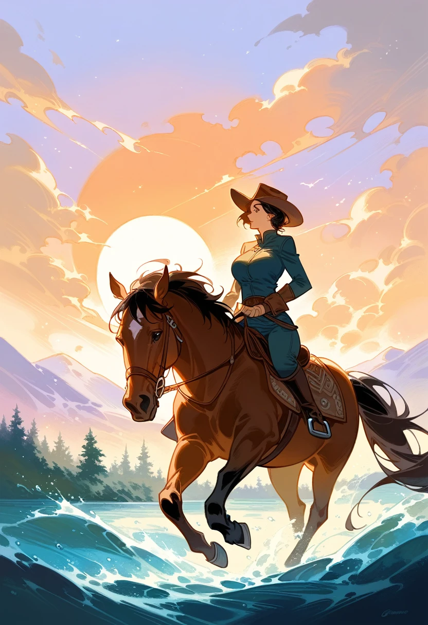 painting of a woman riding a horse in a river with a sun setting , inspired by Jakub Schikaneder, by Jakub Schikaneder, alphonse mucha and alena aenami, by Andrew Robinson, inspired by Jeffrey Catherine Jones, jeffrey catherine jones pose, guweiz masterpiece, jen bartel, by Jeffrey Catherine Jones, sergey kolesov brown skin, black hair ,cowboy hat  ,side profile, jumping horse