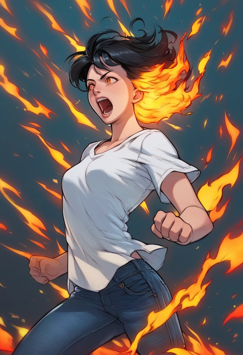 source_anime, score_9, score_8_up, score_7_up, score_6_up, hdz style, cel shading, linear hatching, Dynamic action pose, anime-style female character, fiery energy swirl, exaggerated foreshortening, intense expression, short black hair, casual outfit with rolled-up sleeves, white shirt and jeans, vibrant fire effects, high-contrast shading, bold outlines, energetic and powerful movement, minimal background.
