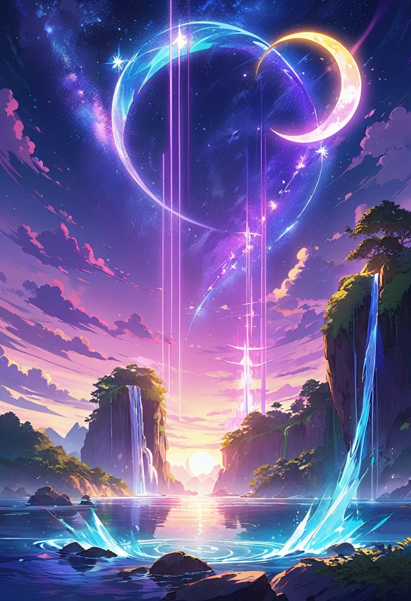 3 animated islands 3 waning moons anime 2.5D art smooth strokes falling waterfalls of stars from the first to the last they are floating in the sky a magical purple light post pulsating energy on each island one on top of the other in total 3