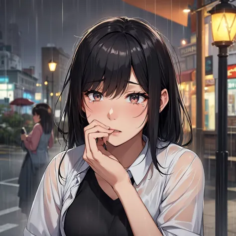 woman shedding tears on main street in the late night rain, black hair