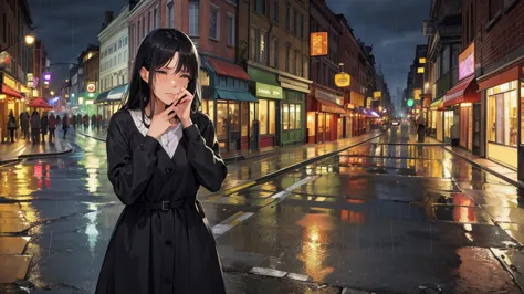 woman shedding tears on main street in the late night rain, black hair